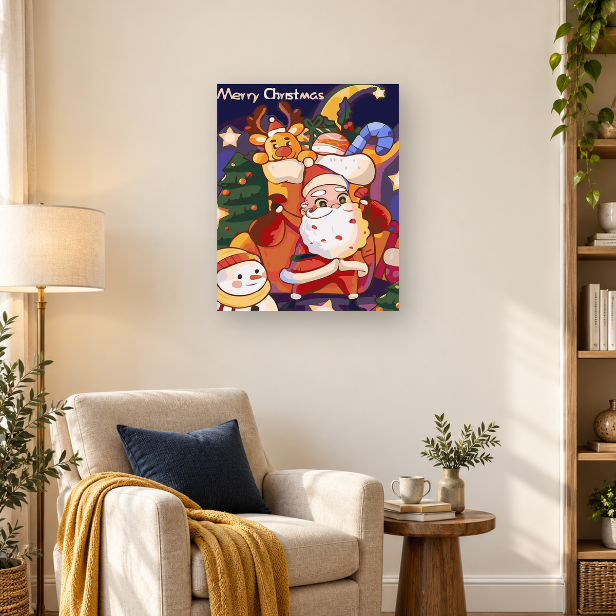 Cartoon Santa with a reindeer, snowman, Christmas tree, stars, and Merry Christmas lettering — 03_lifestyle_hero