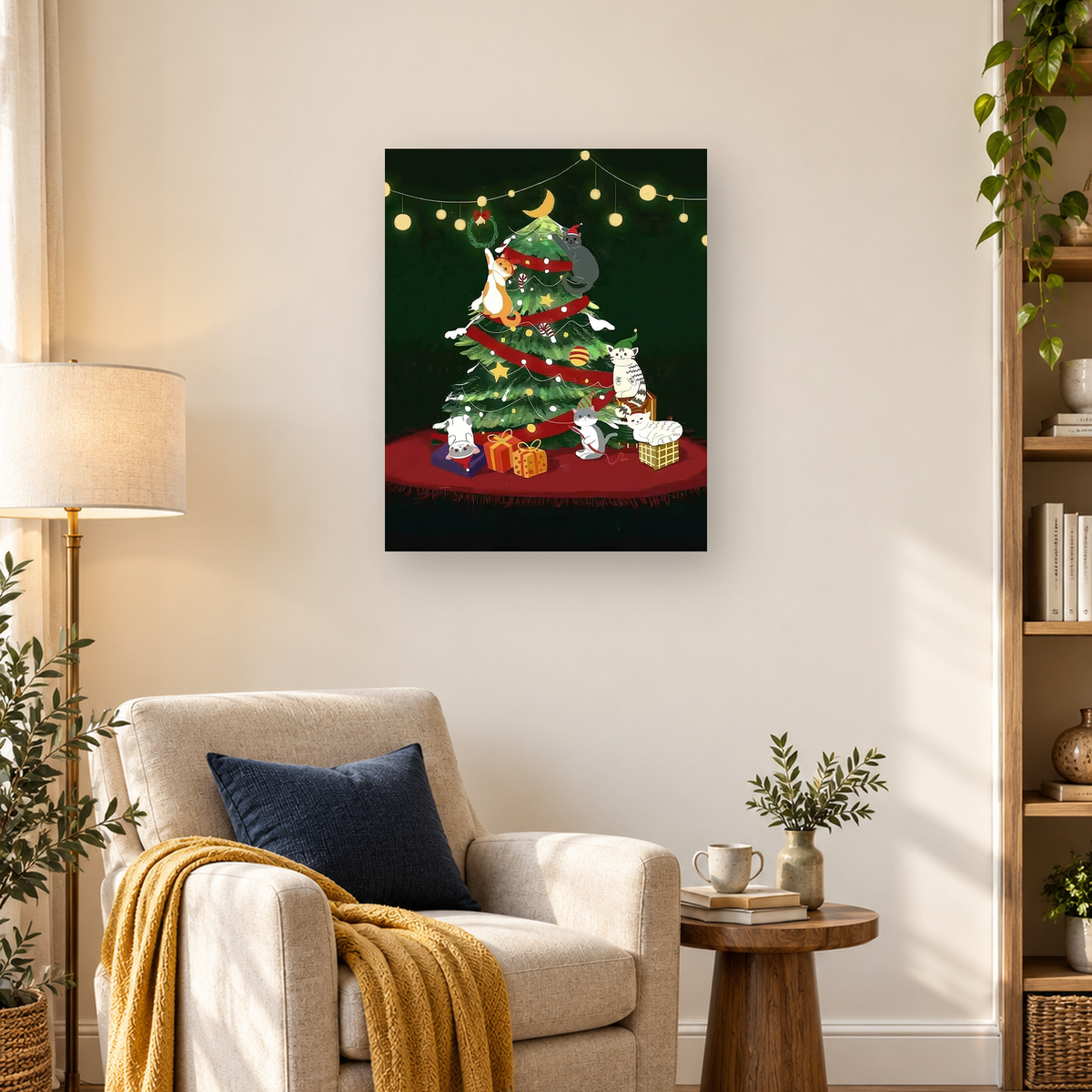 Whimsical Christmas tree with red ribbons, gifts, string lights, and several cats gathered around it — 03_lifestyle_hero