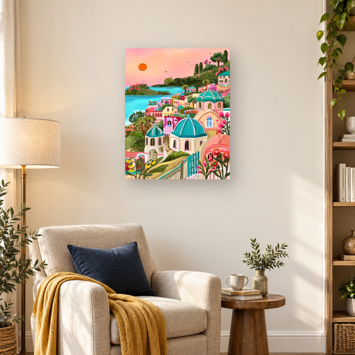 Colorful seaside village with turquoise domes, pastel houses, tropical plants, blue water, and a pink sky — 03_lifestyle_hero