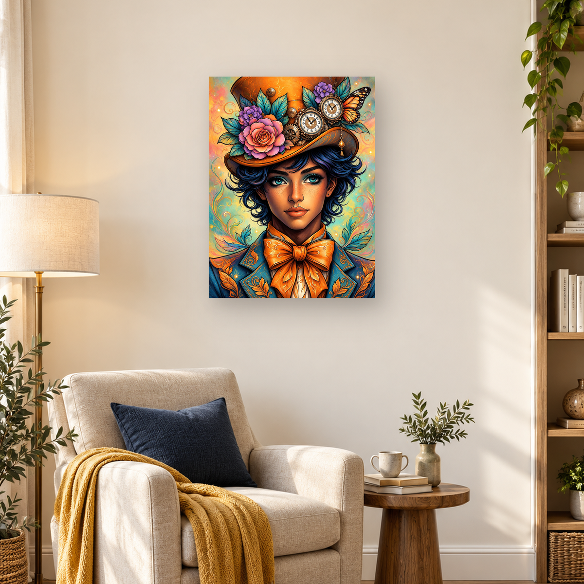 Portrait of a woman with turquoise eyes wearing a floral clockwork hat and large orange bow — 03_lifestyle_hero