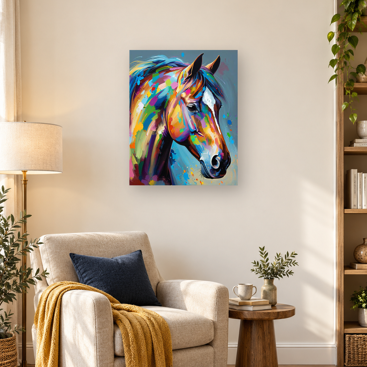 Colorful abstract close-up portrait of a horse with a flowing mane and bright painted brushstrokes. — 03_lifestyle_hero