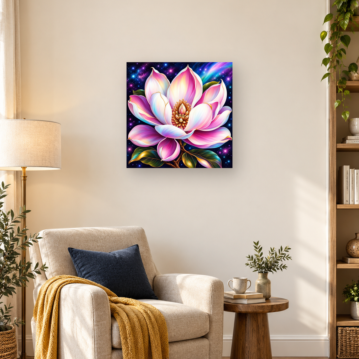 Luminous pink and white flower branch with golden stamens against a colorful starry nebula — 03_lifestyle_hero