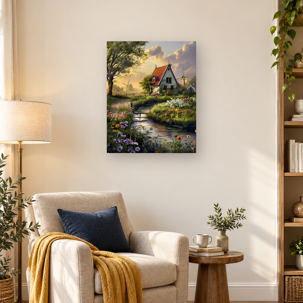 Painterly cottage beside a flower-lined stream with a footbridge, windmills, and a glowing cloudy sky — 03_lifestyle_hero