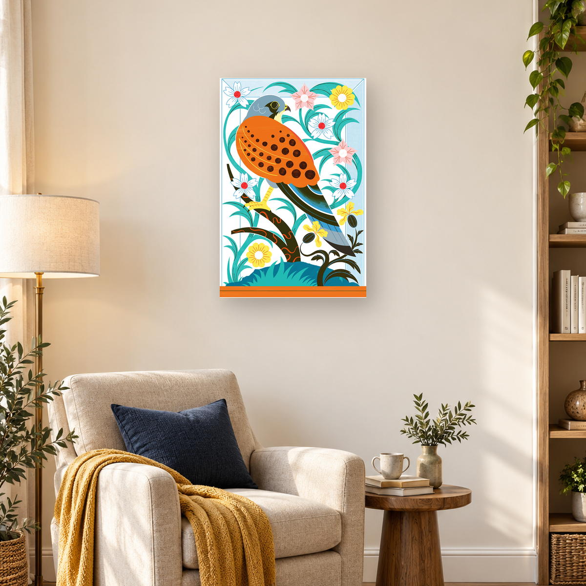 Colorful orange-spotted bird perched among white, pink, and yellow flowers with curling teal foliage. — 03_lifestyle_hero