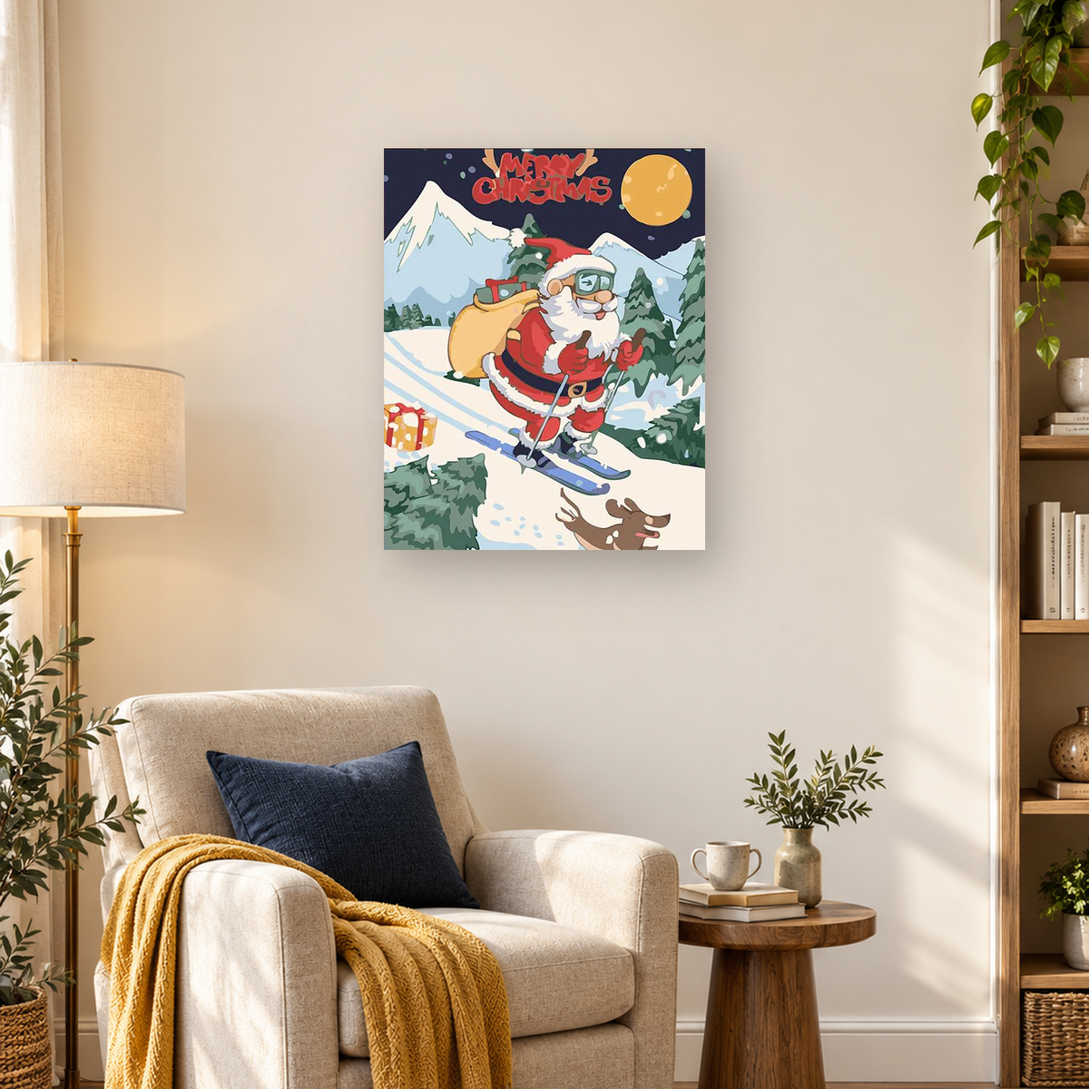 Cartoon Santa skis through snowy mountains with a sack, reindeer, evergreens, moon, and Merry Christmas lettering. — 03_lifestyle_hero