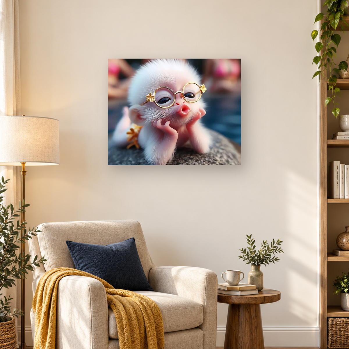 White-furred monkey wearing round gold glasses and resting its hands near its cheeks — 03_lifestyle_hero