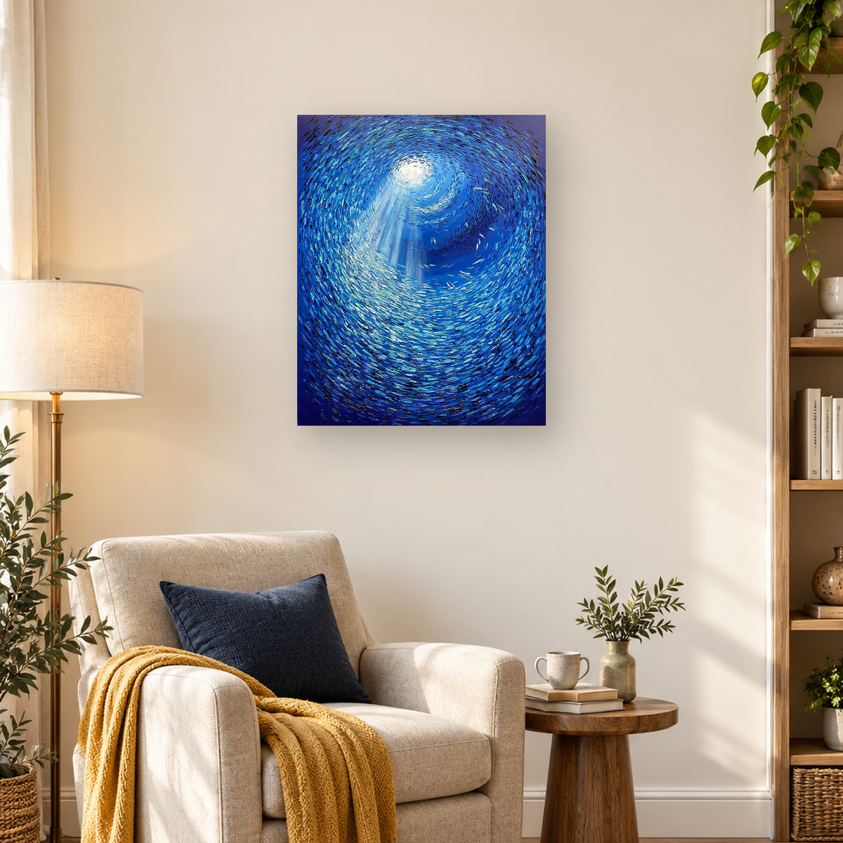 A swirling school of fish forms an underwater vortex around a bright opening with rays of light. — 03_lifestyle_hero