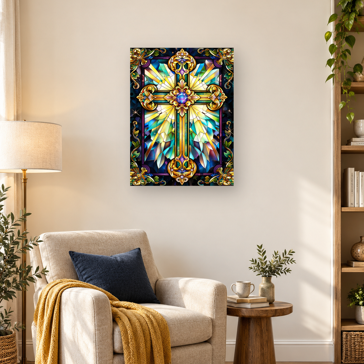Ornate stained-glass cross with a blue jewel, golden scrollwork, floral motifs, and colorful geometric panes. — 03_lifestyle_hero