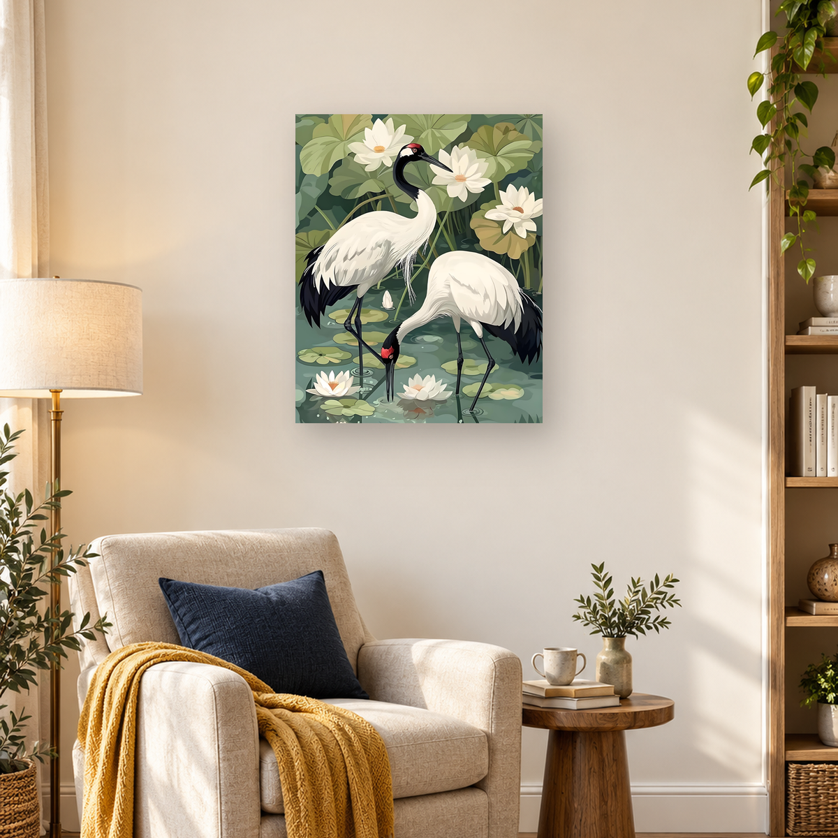 Two black-and-white cranes stand in a lotus pond surrounded by white flowers and green lily pads. — 03_lifestyle_hero
