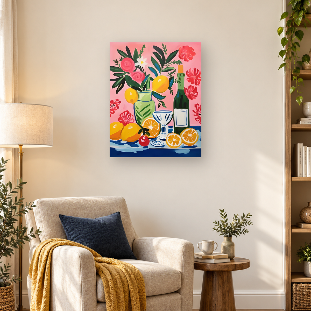 Colorful flowers, citrus fruit, green foliage, bottle, and vessels arranged against a pink background — 03_lifestyle_hero