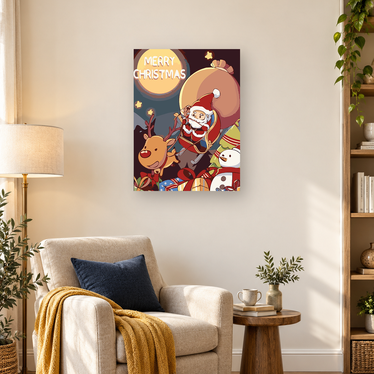 Cartoon Santa with a reindeer, large sack, snowman, Christmas tree, gifts, and Merry Christmas sign — 03_lifestyle_hero