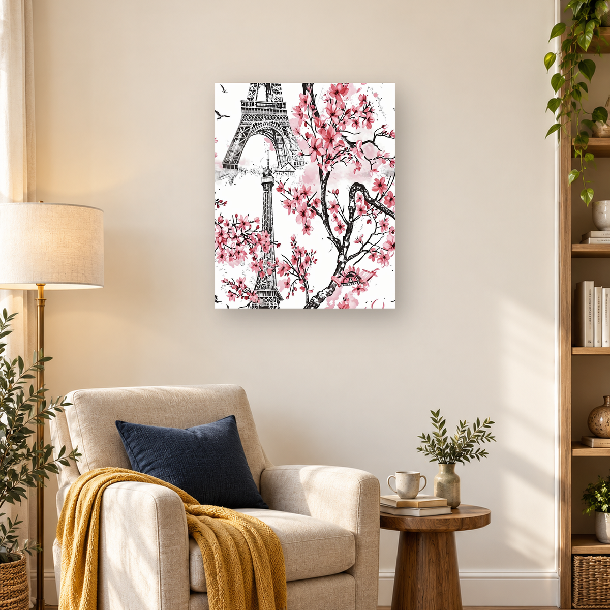 Black-and-white Eiffel Tower framed by pink blossoms, dark branches, and small flying birds. — 03_lifestyle_hero