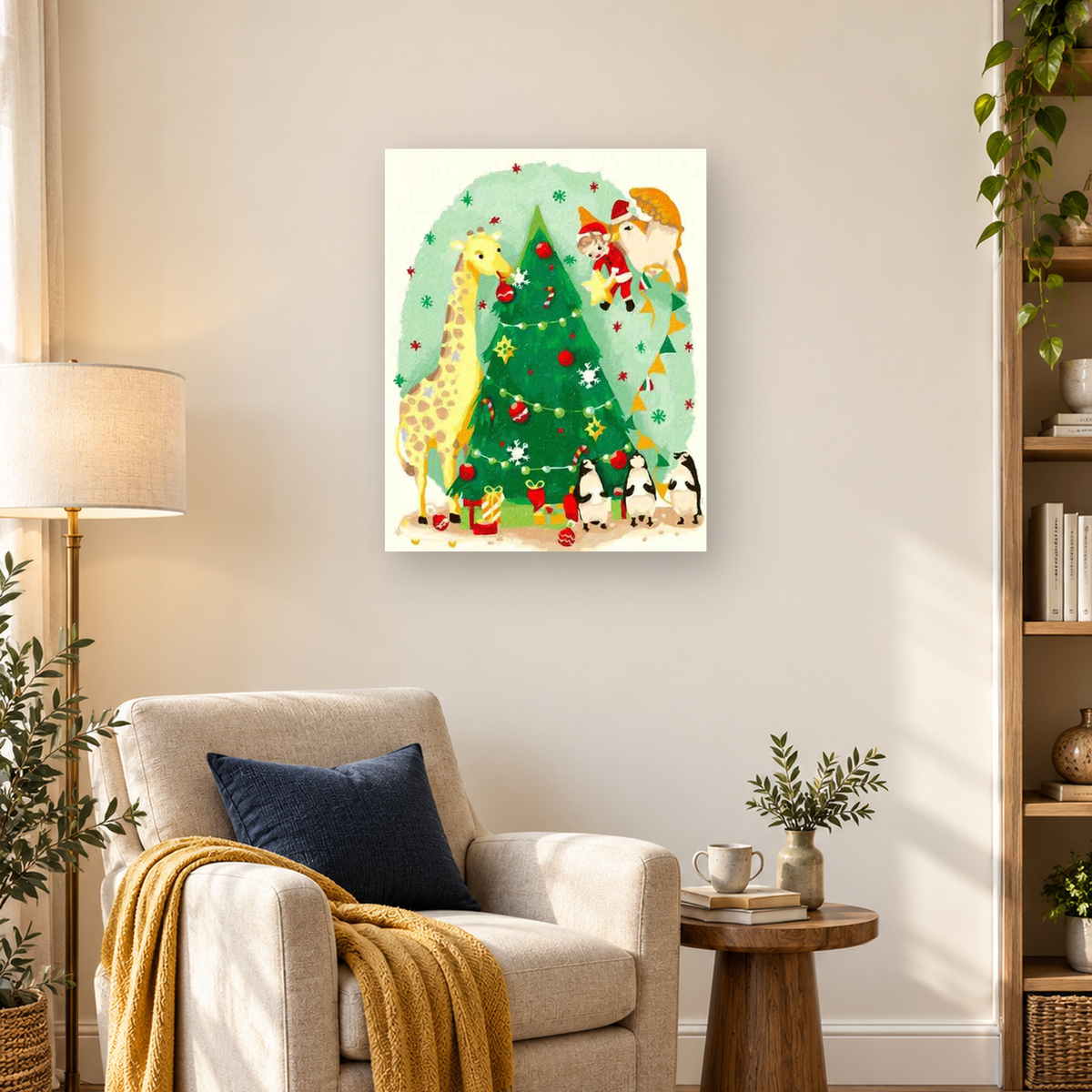 Watercolor Christmas tree with a giraffe, three penguins, presents, ornaments, and holiday characters — 03_lifestyle_hero