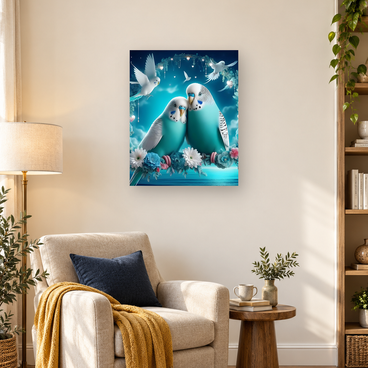 Two turquoise budgerigars surrounded by flowers, flying white birds, heart ornaments, and a glowing blue background. — 03_lifestyle_hero