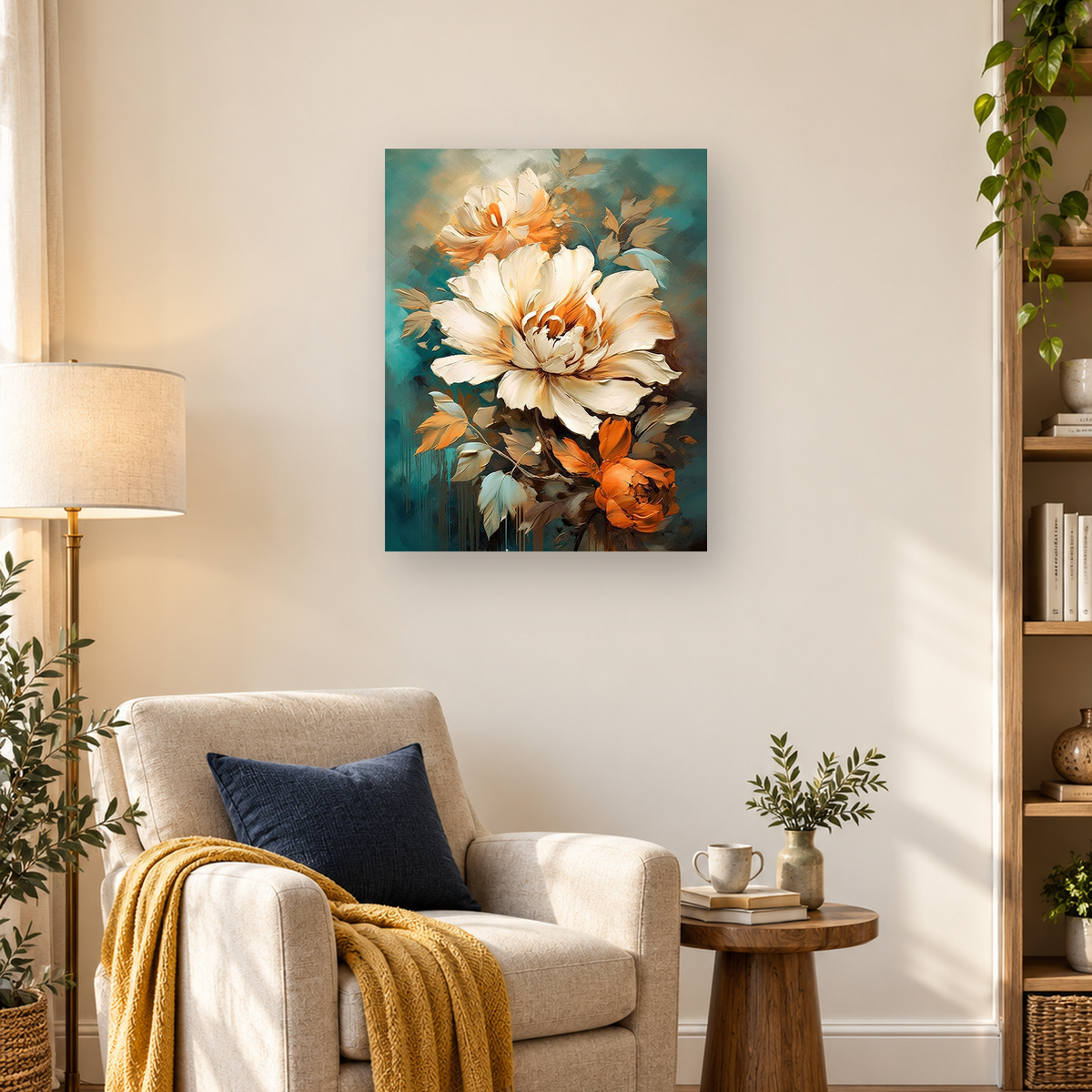 Painterly cream and orange flowers with foliage against a textured teal background — 03_lifestyle_hero