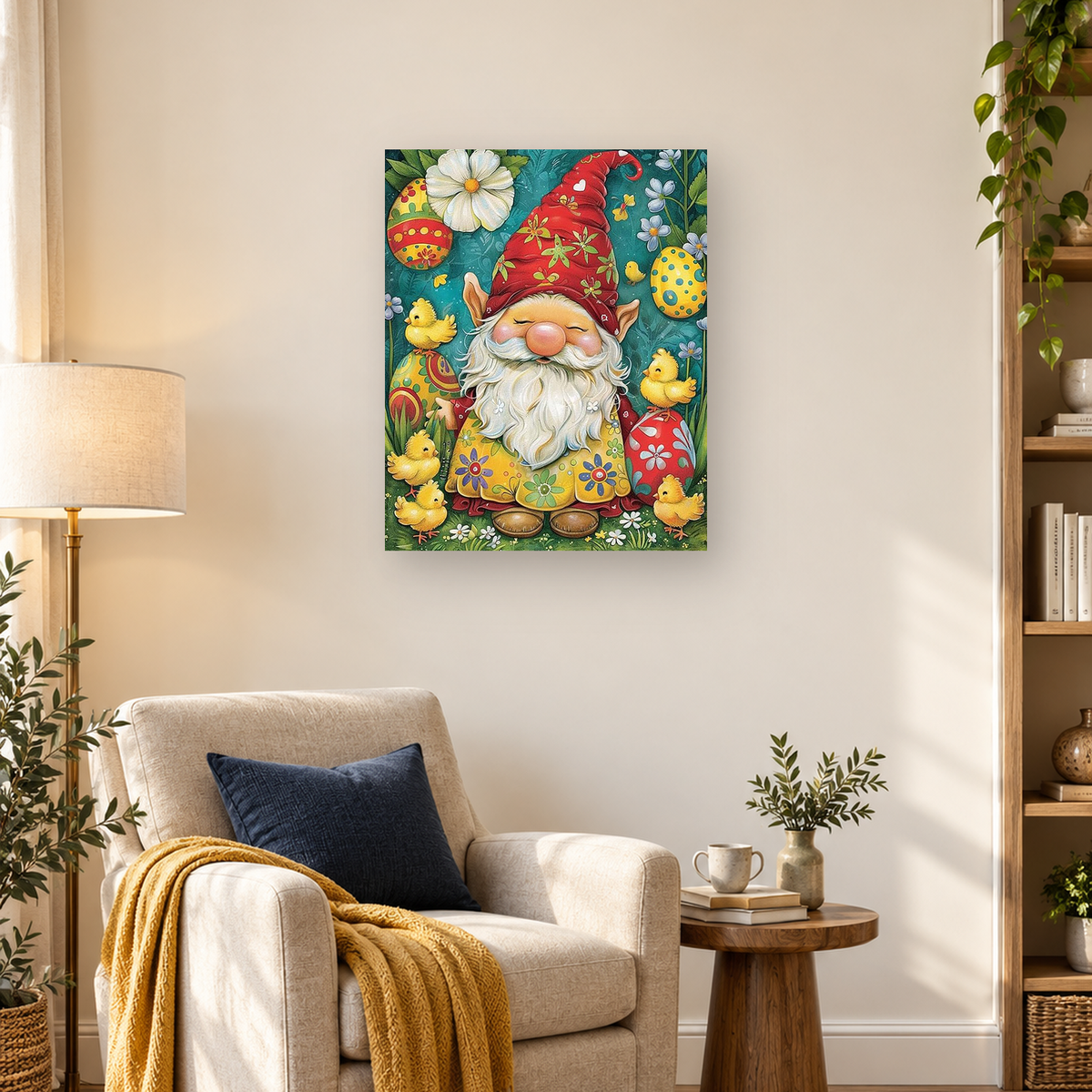 Bearded garden gnome in a red floral hat surrounded by Easter eggs, flowers, greenery, and yellow chicks