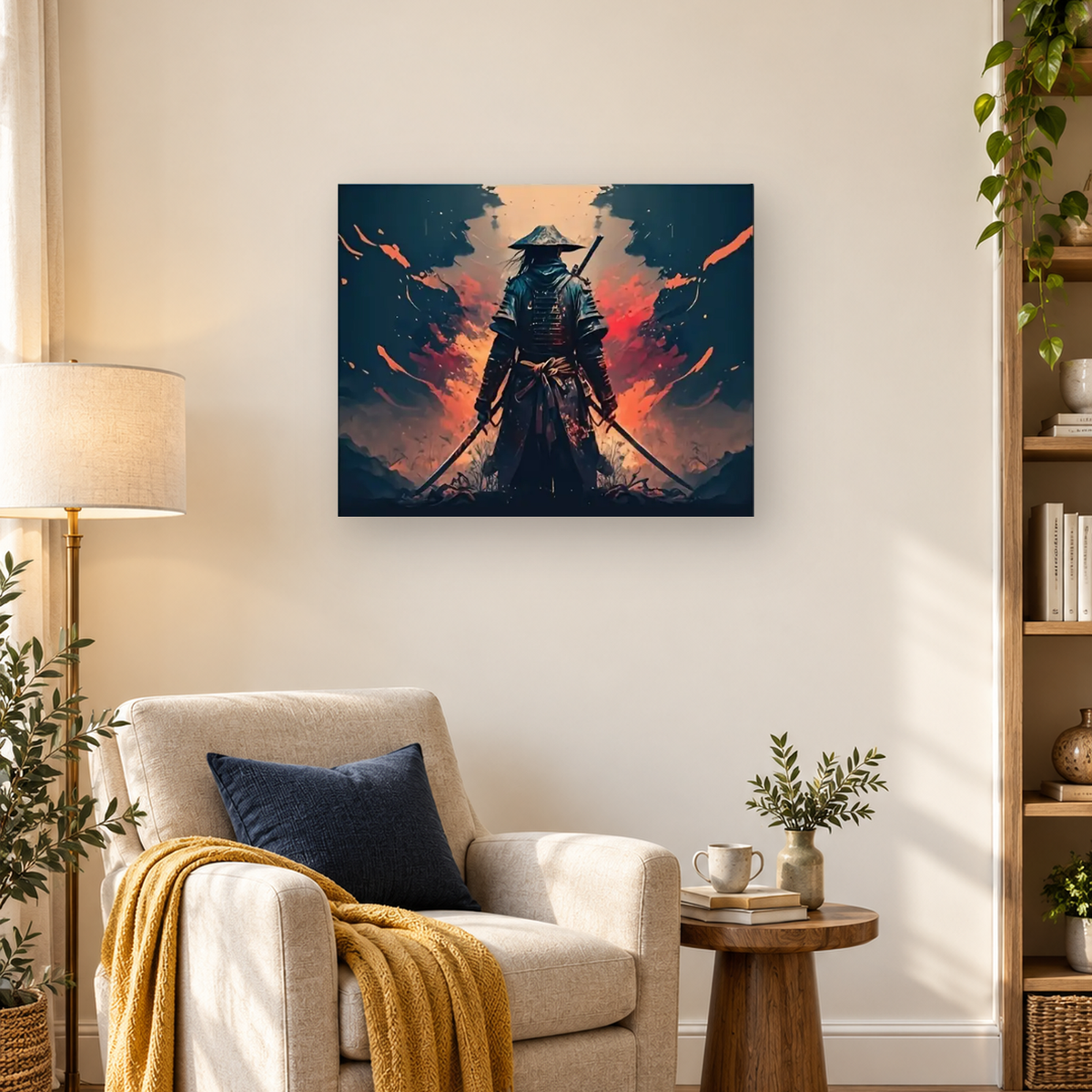 Armored warrior seen from behind with two swords against fiery clouds and a distant mountain — 03_lifestyle_hero