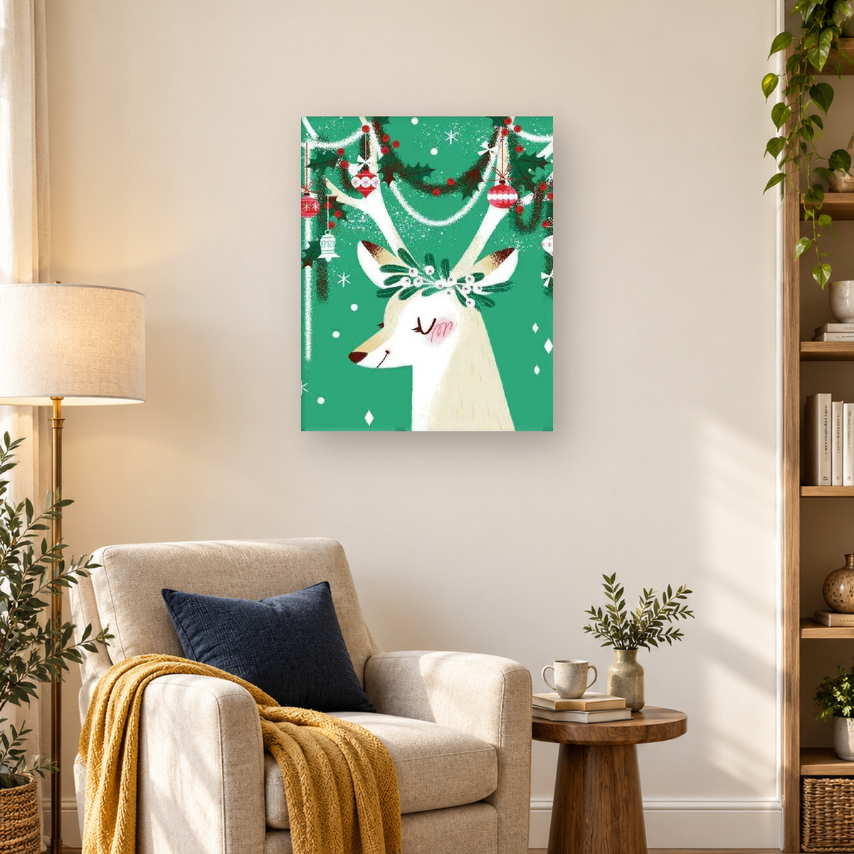 Cream-colored Christmas reindeer with floral antlers, red ornaments, green garlands, and snowflake motifs — 03_lifestyle_hero
