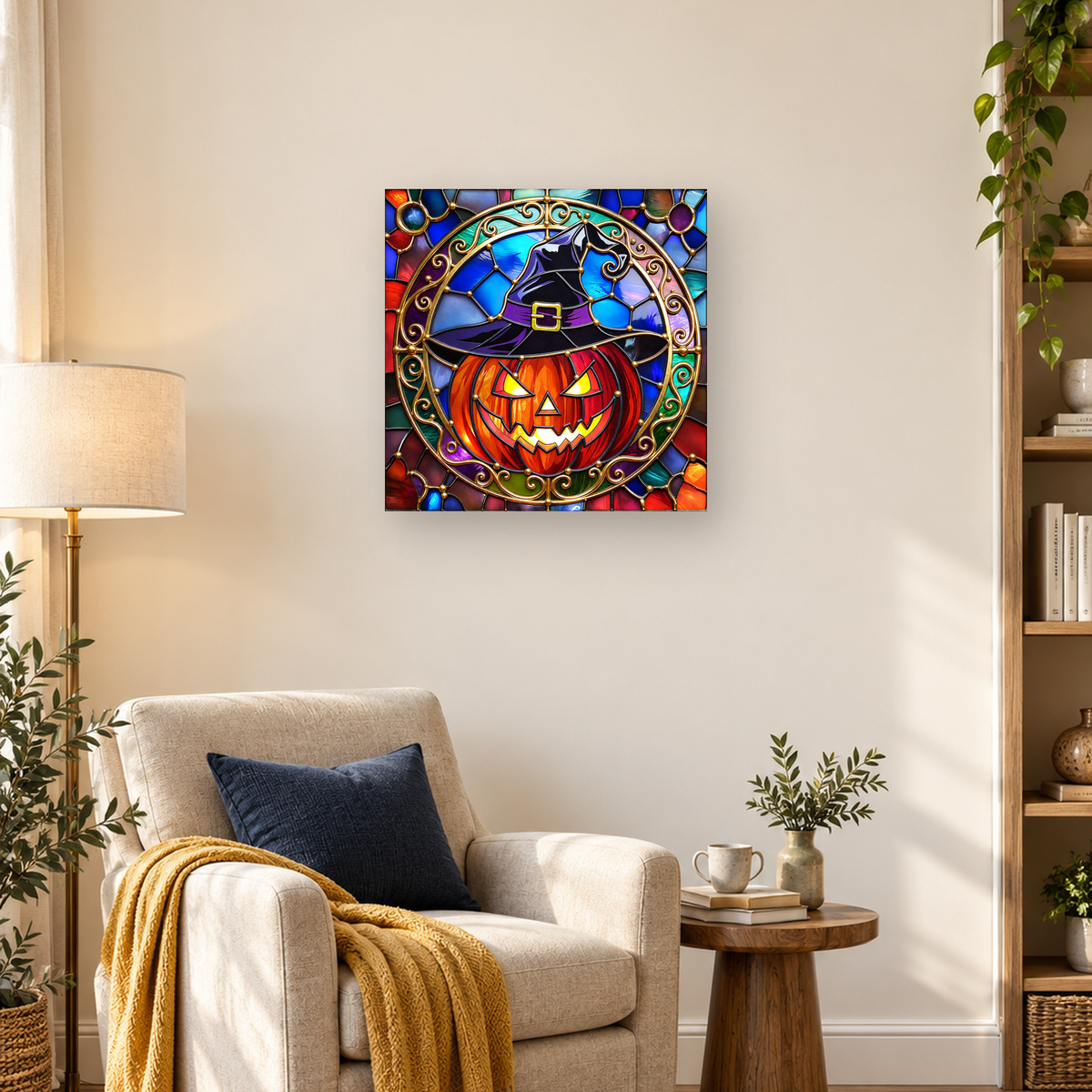 Stained-glass jack-o'-lantern in a witch hat within an ornate circular frame — 03_lifestyle_hero