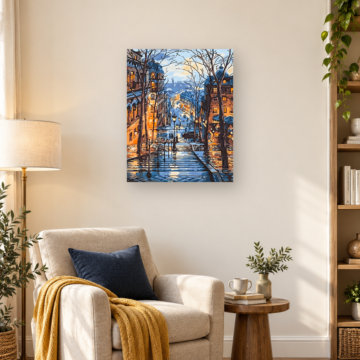 Stylized winter city street descending between blue-roofed houses, bare trees, street lamps, and glowing windows — 03_lifestyle_hero