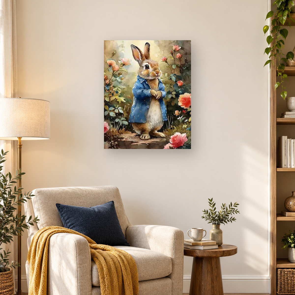 Anthropomorphic rabbit in a blue coat standing among pink and red roses in a garden — 03_lifestyle_hero