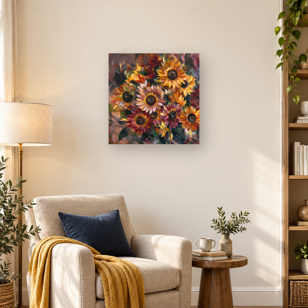 Painterly bouquet of sunflowers and red-orange flowers with dark centers and green leaves — 03_lifestyle_hero