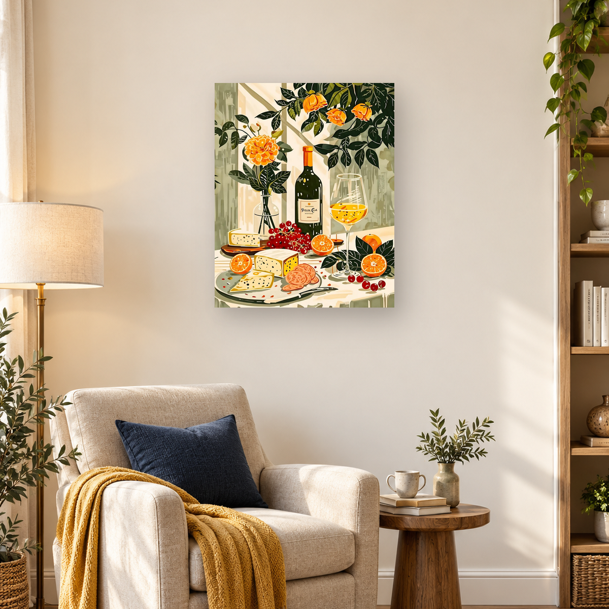 Stylized still life with orange flowers, wine, cheese, grapes, citrus, and cured meat — 03_lifestyle_hero