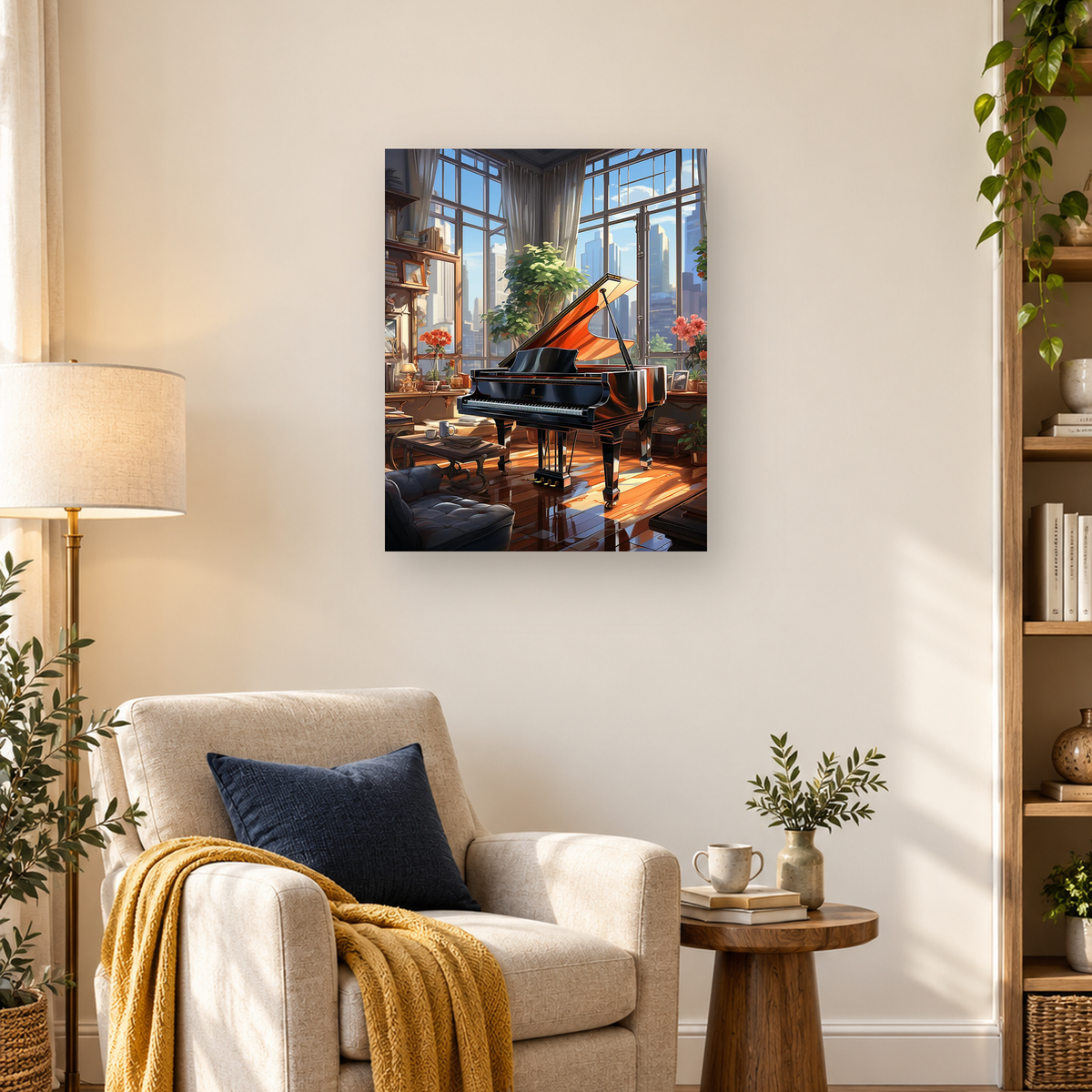 Glossy grand piano in a sunlit living room with tall windows, plants, flowers, and a city skyline — 03_lifestyle_hero
