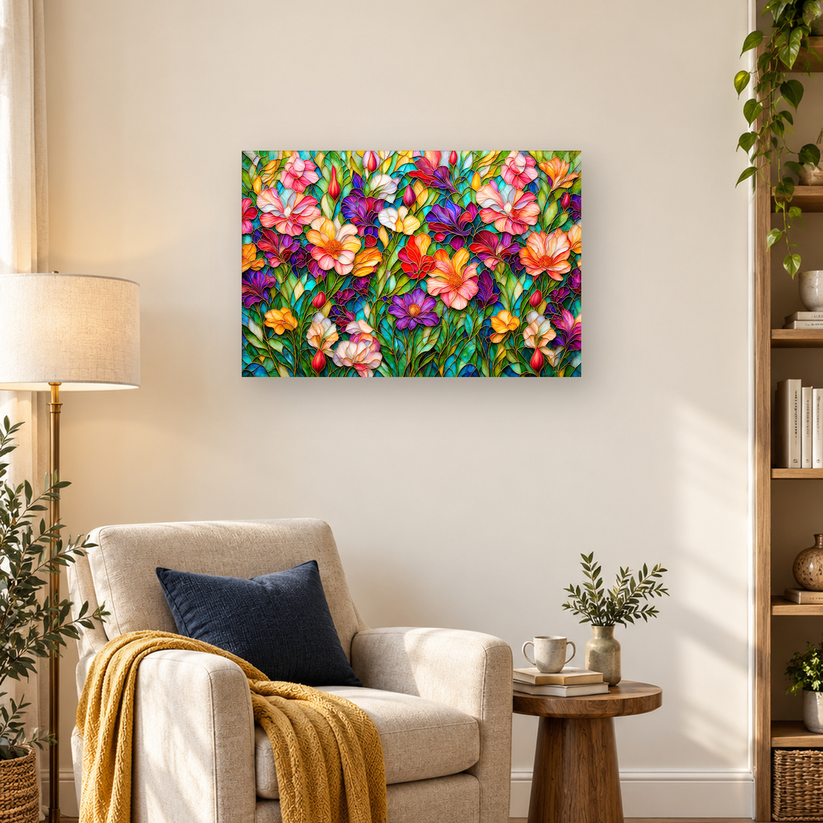 Dense stained-glass floral pattern with colorful blossoms, green leaves, buds, and turquoise sections — 03_lifestyle_hero