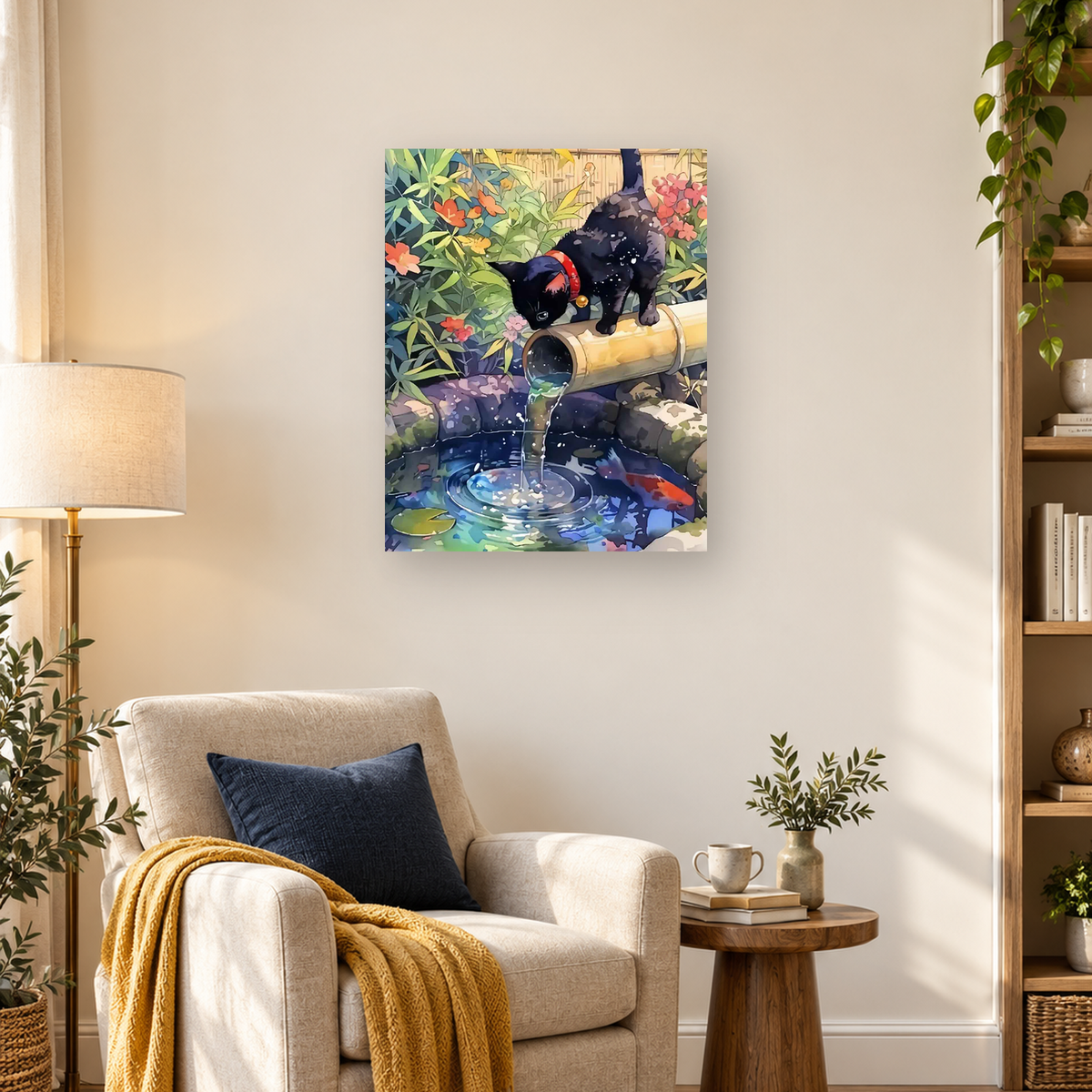 Two dark cats perch on a bamboo water spout above a flower-filled pond with koi and rippling water. — 03_lifestyle_hero