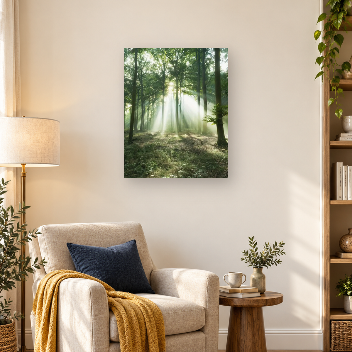 Sunlight streams through tall trees onto the hazy floor of a dense green deciduous forest. — 03_lifestyle_hero