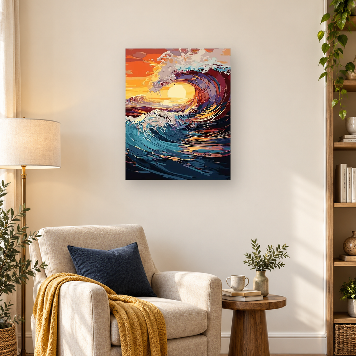 Stylized curling ocean wave with foamy water and a glowing sunset in deep blue and coral tones. — 03_lifestyle_hero