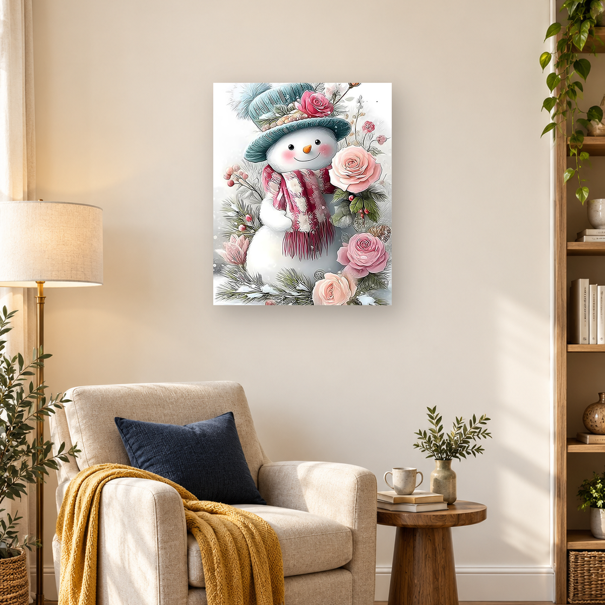 MalaMind Gallery V3 | 03 Lifestyle Hero | CH-260921-072 | Smiling snowman in a teal hat and burgundy scarf surrounded by pink roses and snowy evergreens