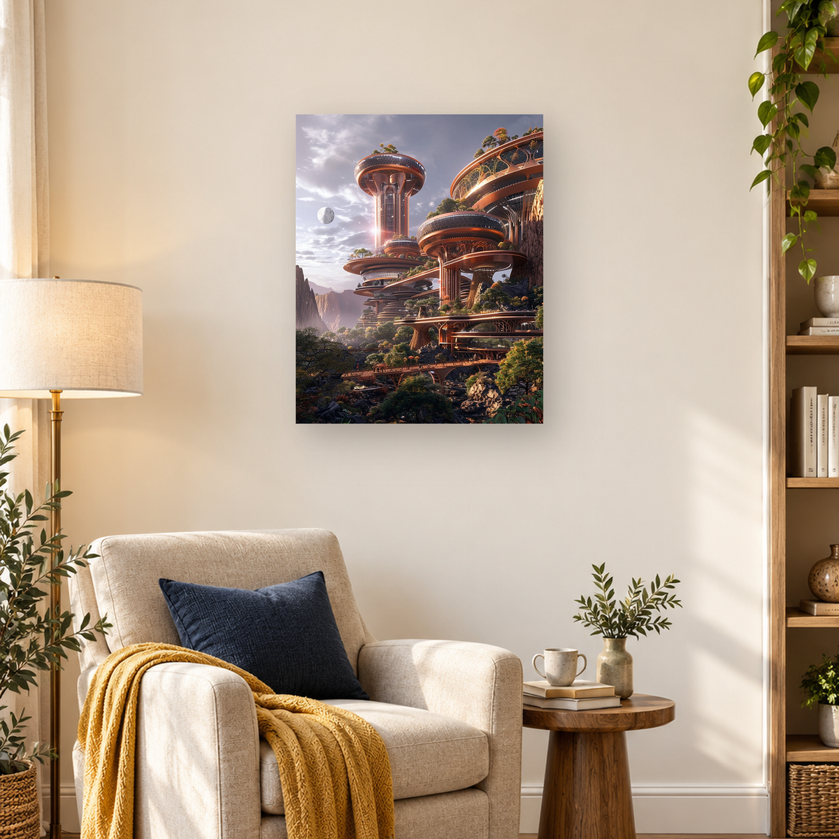 Futuristic terraced city with copper towers and bridges among lush mountain cliffs beneath a visible moon — 03_lifestyle_hero