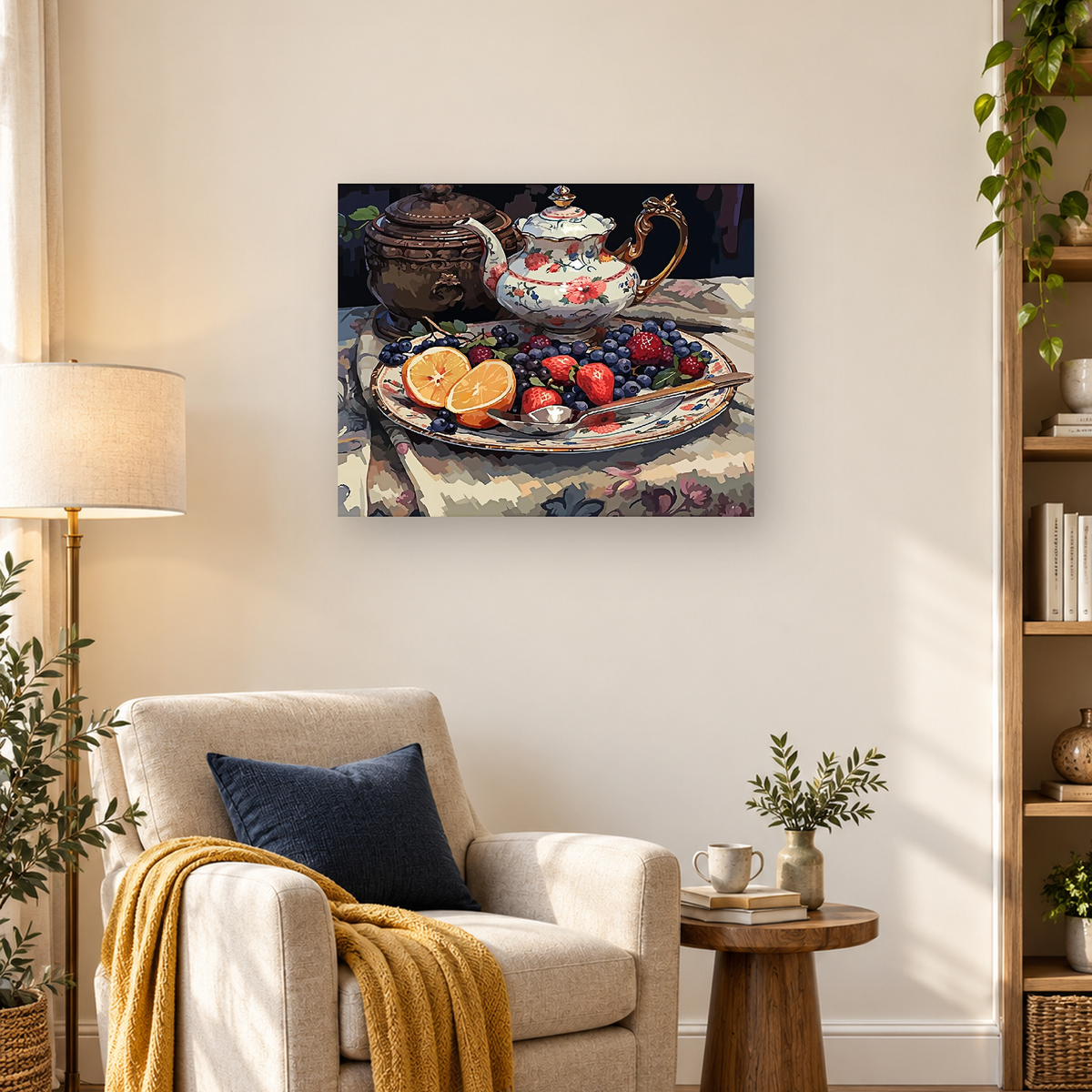 Painterly still life of a floral teapot, dark vessel, berry platter, sliced oranges, and spoon — 03_lifestyle_hero