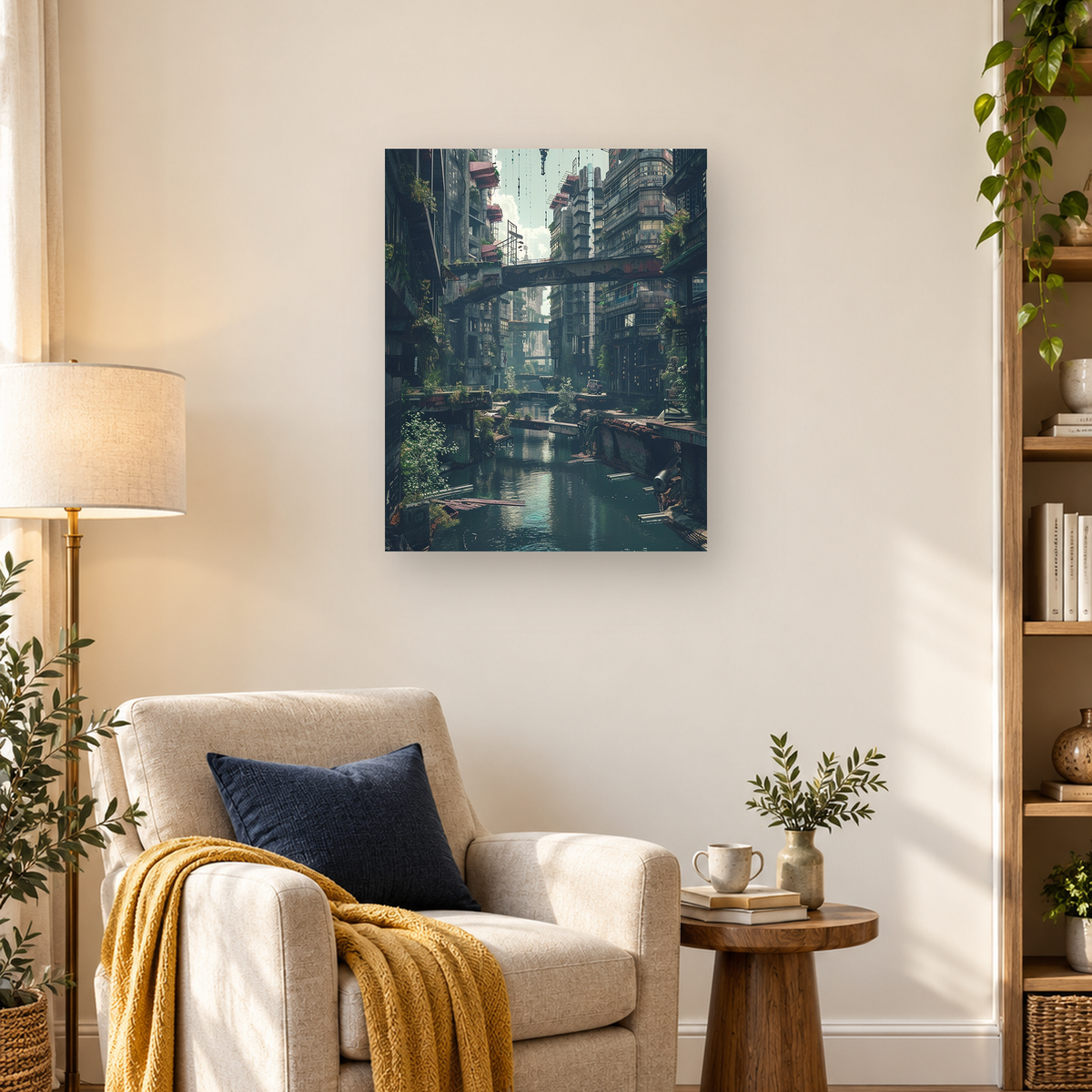 Overgrown canal winding through a dense city of weathered buildings, bridges, cables, and industrial structures — 03_lifestyle_hero