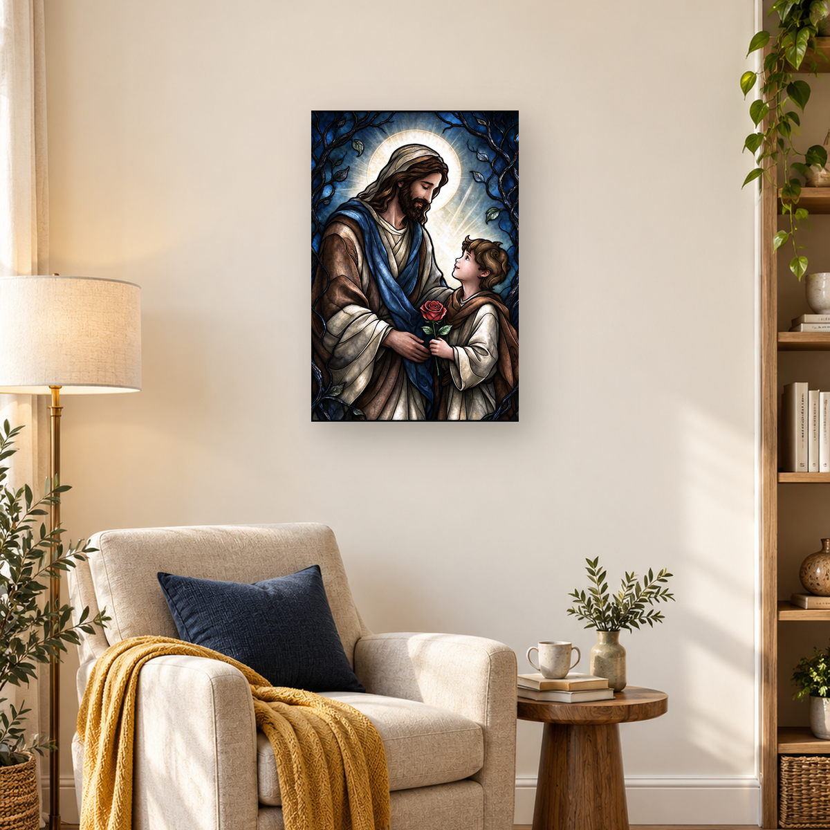Stained-glass style image of a robed bearded man and child holding a red rose beneath a radiant halo. — 03_lifestyle_hero