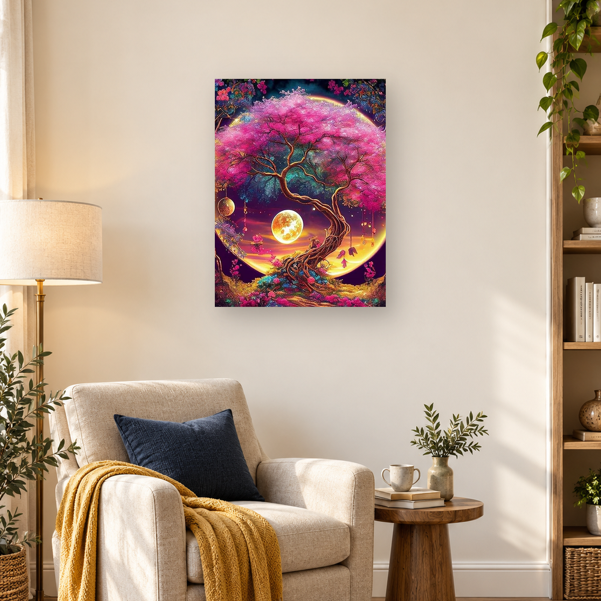 Pink flowering tree with twisted roots silhouetted against a large glowing golden moon — 03_lifestyle_hero
