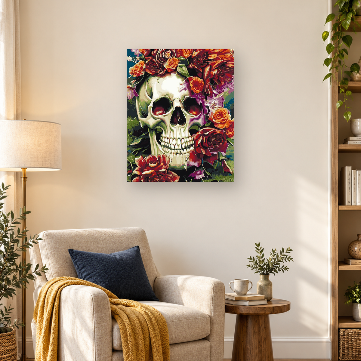 Pop-art human skull surrounded by red, orange, purple, and green flowers — 03_lifestyle_hero