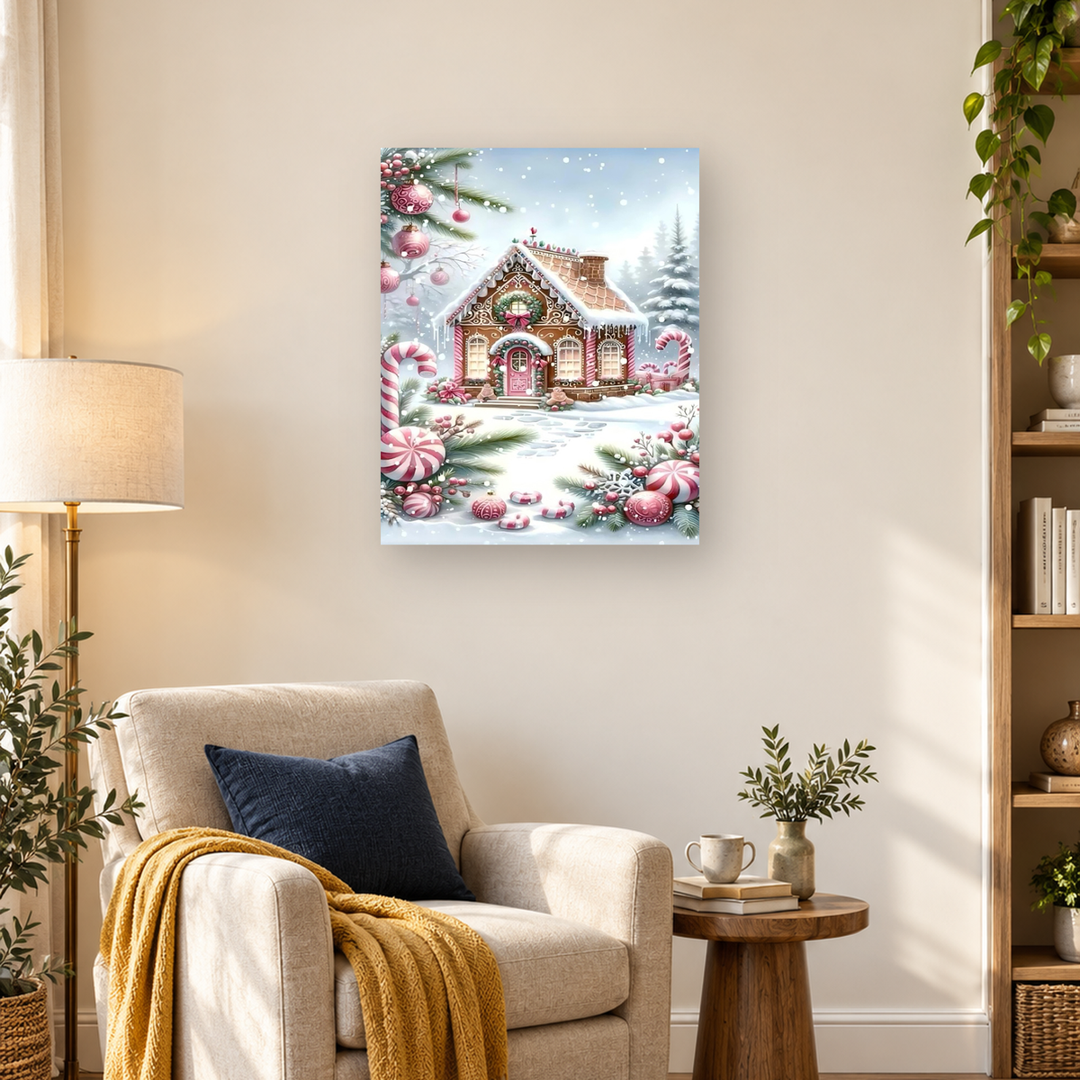 MalaMind Gallery V3 | 03 Lifestyle Hero | CH-260922-007 | Snowy gingerbread cottage surrounded by candy canes, peppermint ornaments, evergreen branches, and falling snow.