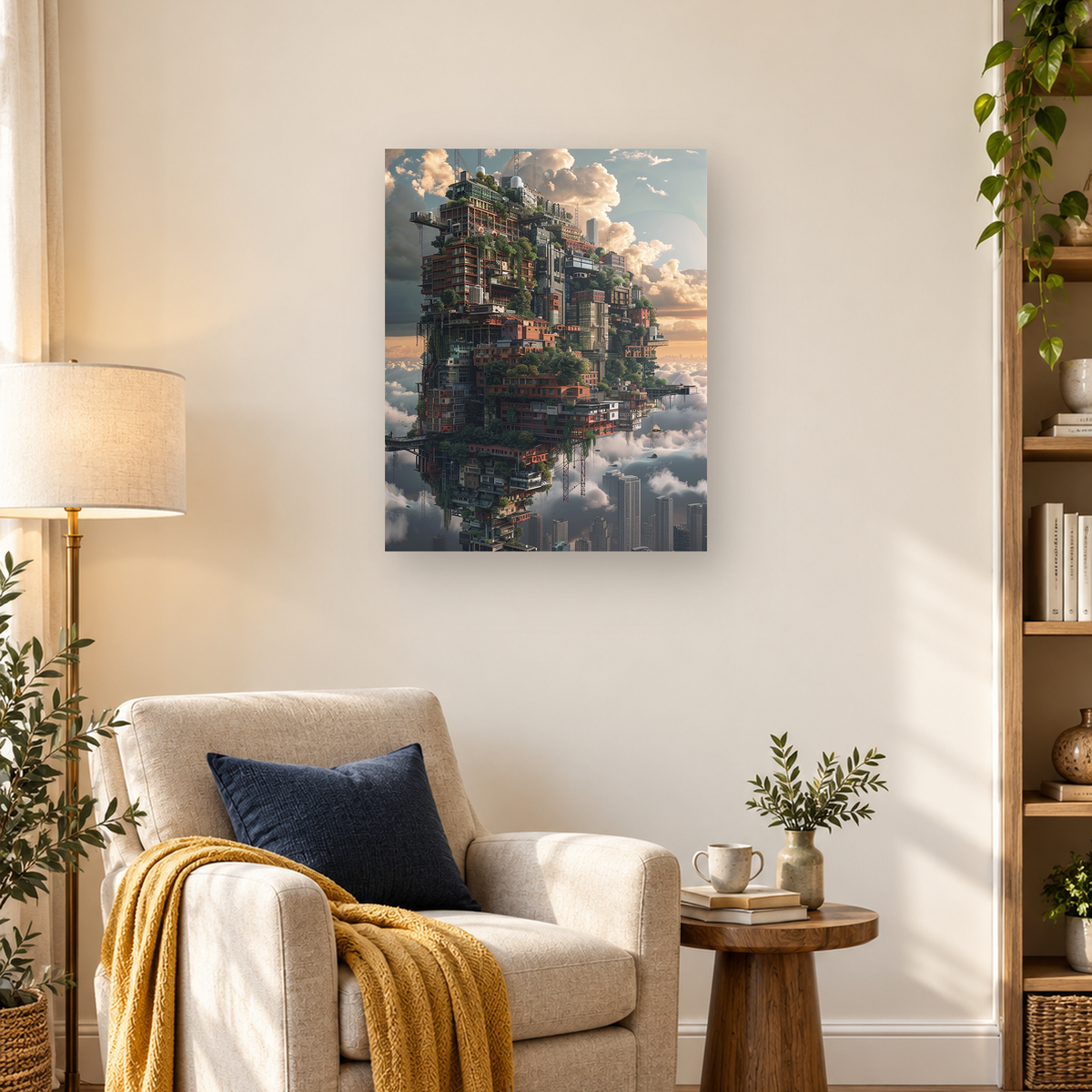 Futuristic floating city of stacked buildings and greenery surrounded by clouds — 03_lifestyle_hero