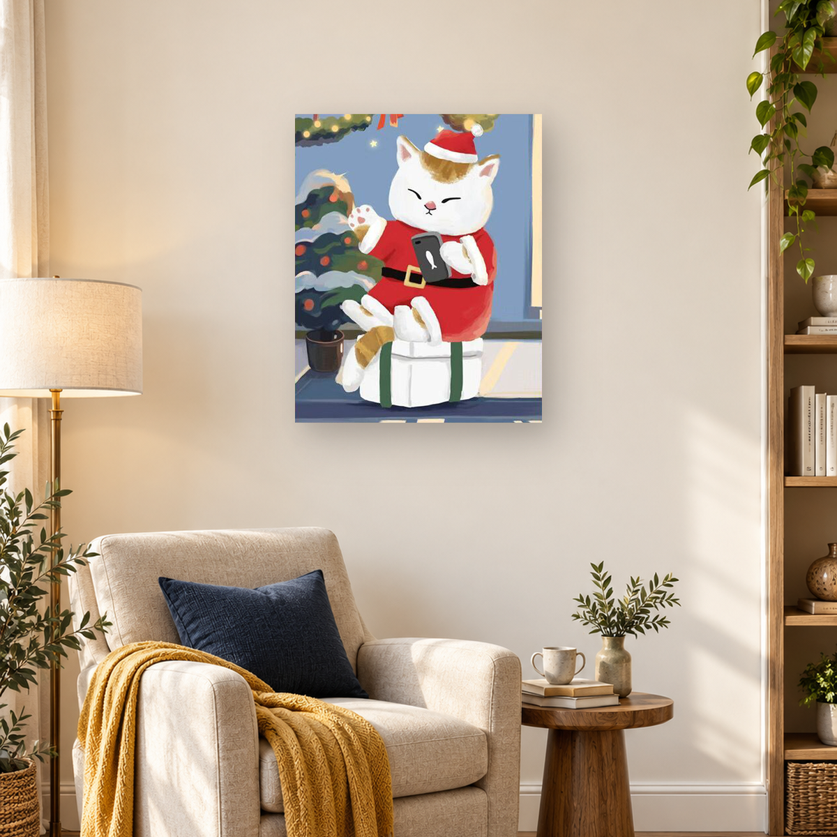 White cat in a Santa suit holding a smartphone beside a decorated Christmas tree — 03_lifestyle_hero