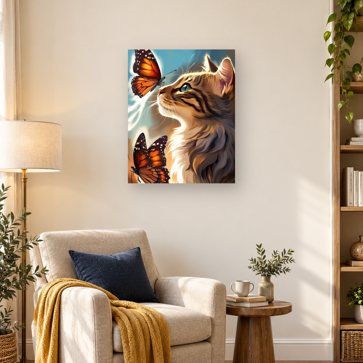 Close-up long-haired brown-and-cream cat with a green eye and orange-and-black butterflies against blue. — 03_lifestyle_hero
