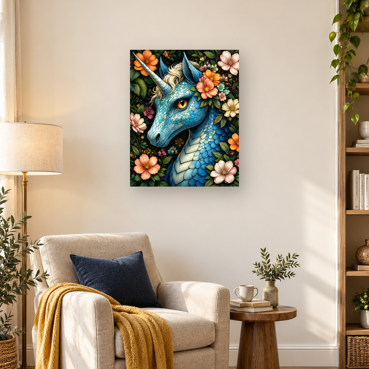 Blue horned dragon with turquoise scales surrounded by colorful flowers and dark green foliage — 03_lifestyle_hero