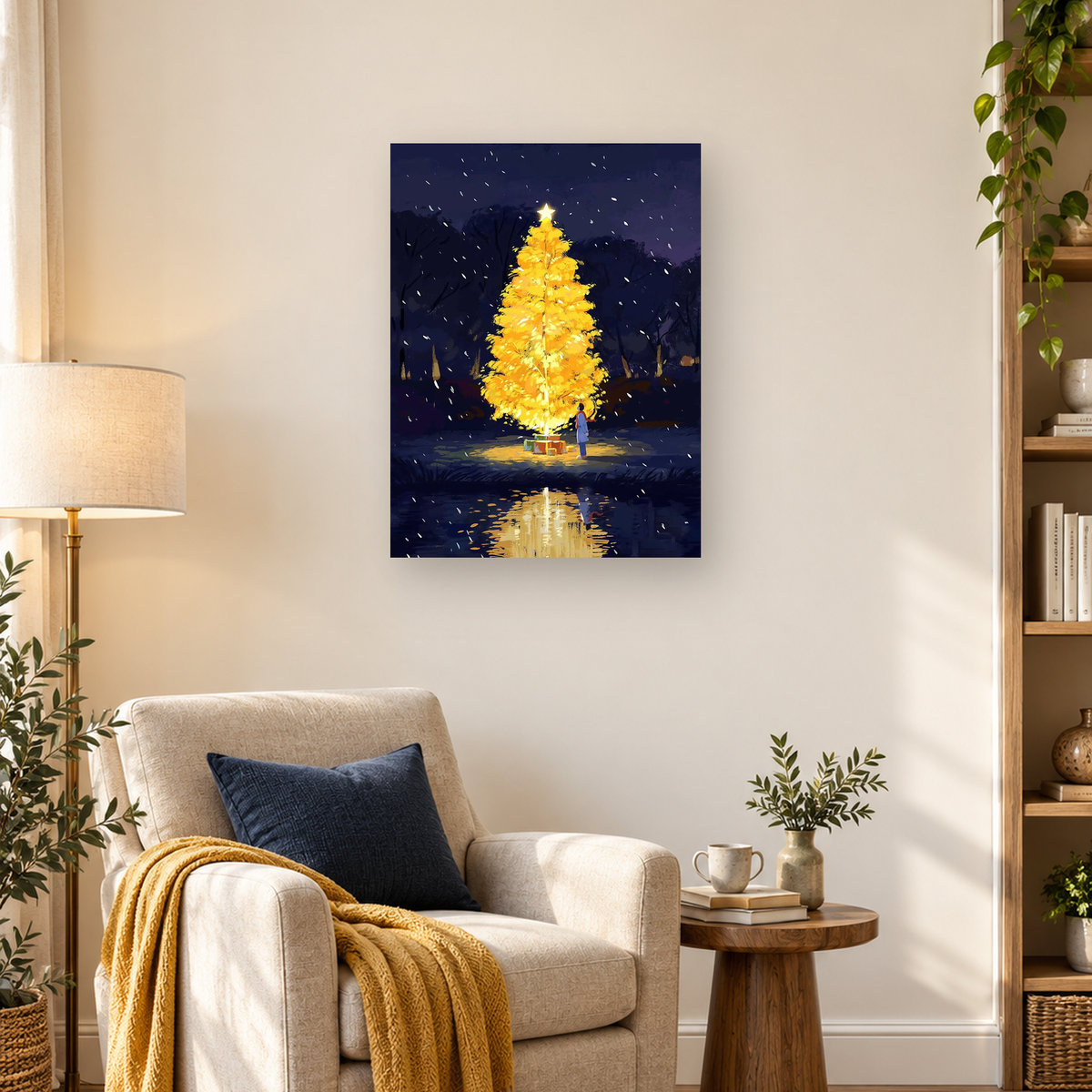 Glowing golden Christmas tree with star, gifts, falling snow, person, and pond reflection in a dark woodland — 03_lifestyle_hero