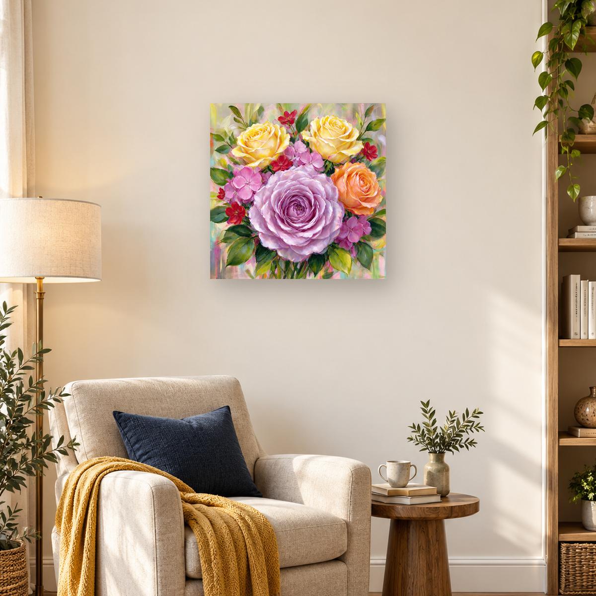 Painterly close-up bouquet with a large lavender rose, yellow roses, colorful blossoms, and green leaves — 03_lifestyle_hero