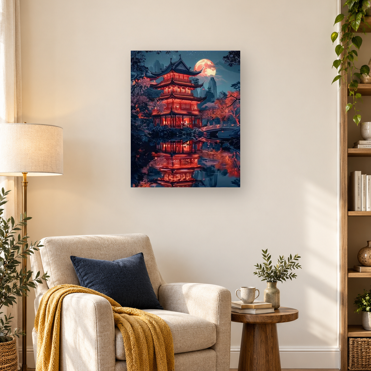 Glowing multi-tiered pagoda beside a reflective pond under a full moon — 03_lifestyle_hero