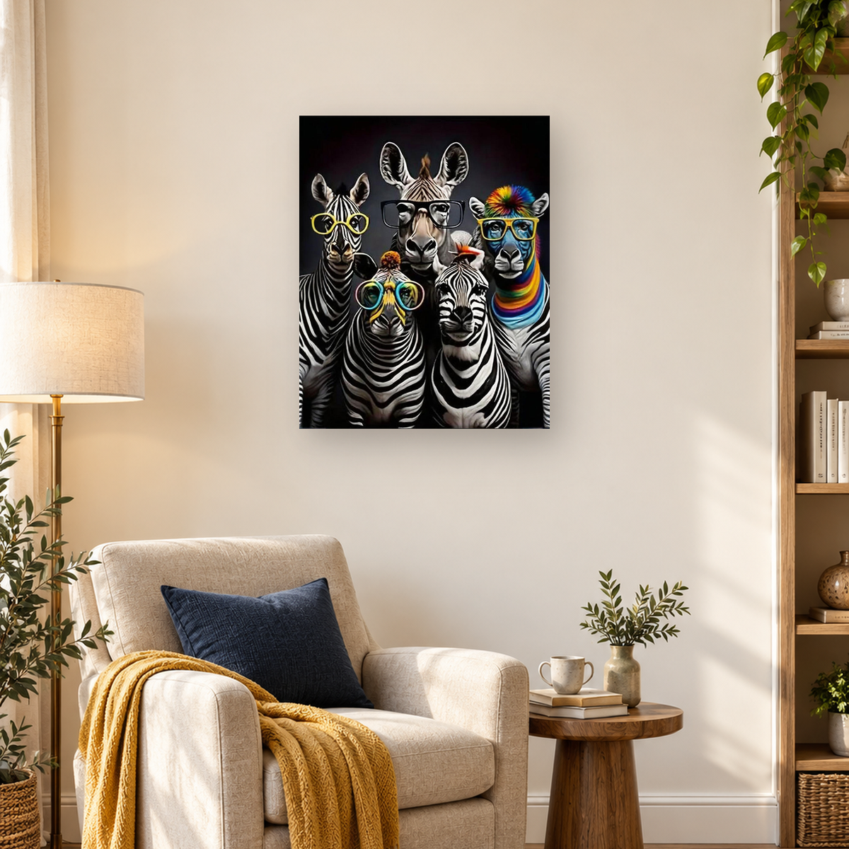 Five zebras wearing colorful glasses, including one with a rainbow mane, posed against a dark background. — 03_lifestyle_hero