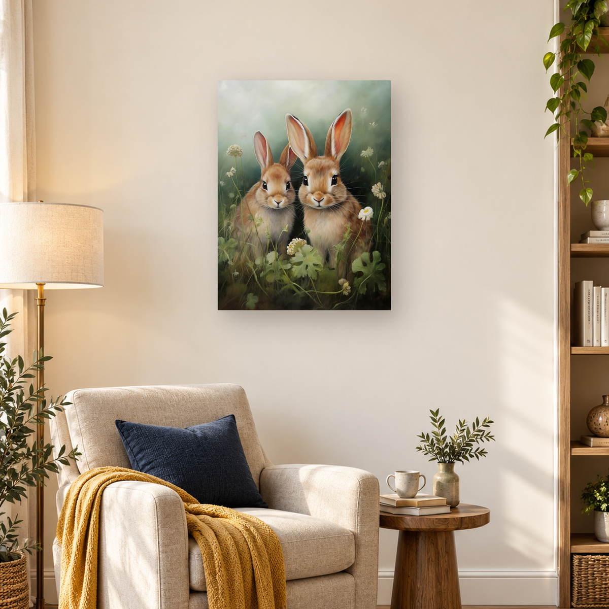 Two tan rabbits posed together among white meadow flowers and green foliage — 03_lifestyle_hero
