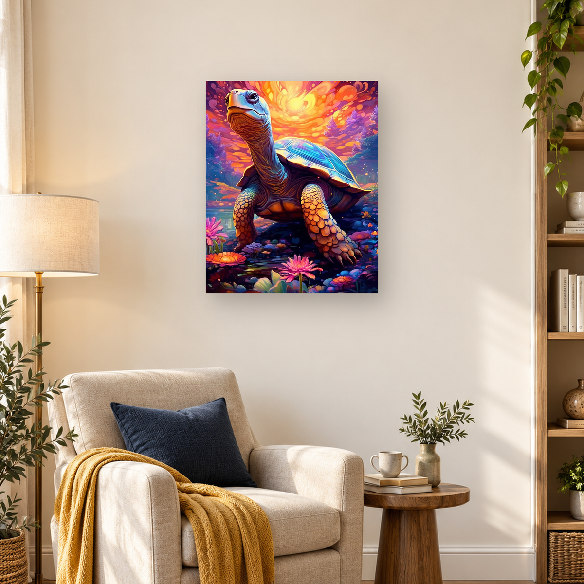Colorful long-necked turtle standing in a flower-filled pond with a glowing orange-purple background — 03_lifestyle_hero